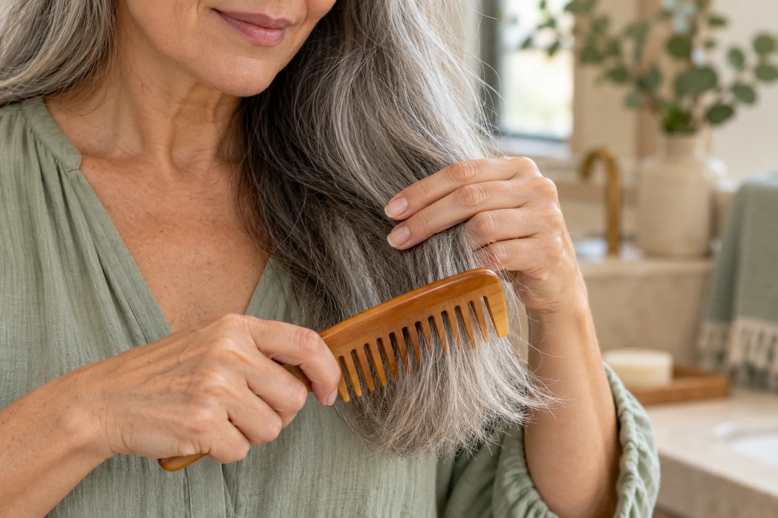 Hands support gray hair while a wide-tooth comb detangles the ends