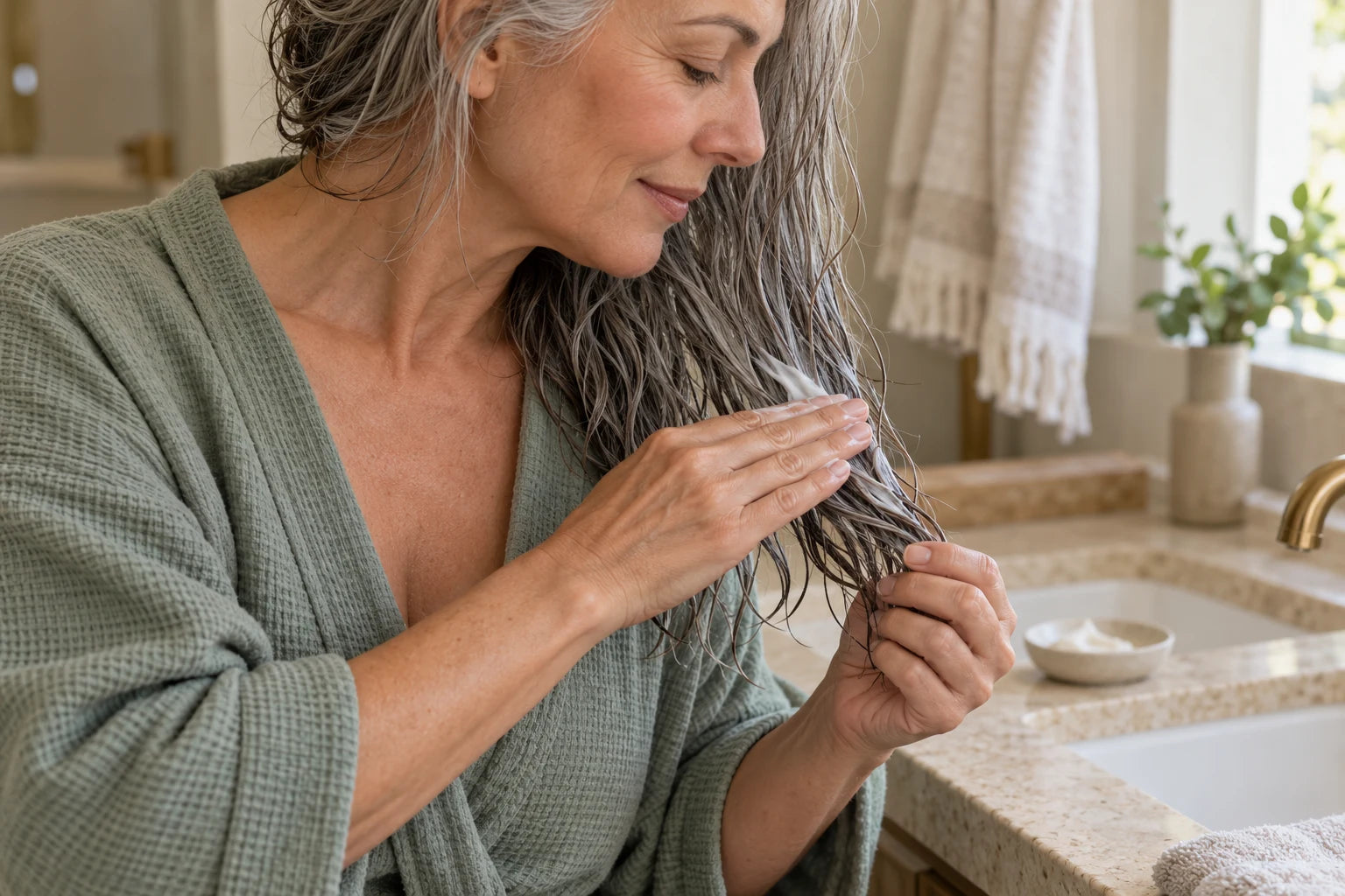A woman smooths a small amount of conditioner onto the ends of her wet hair
