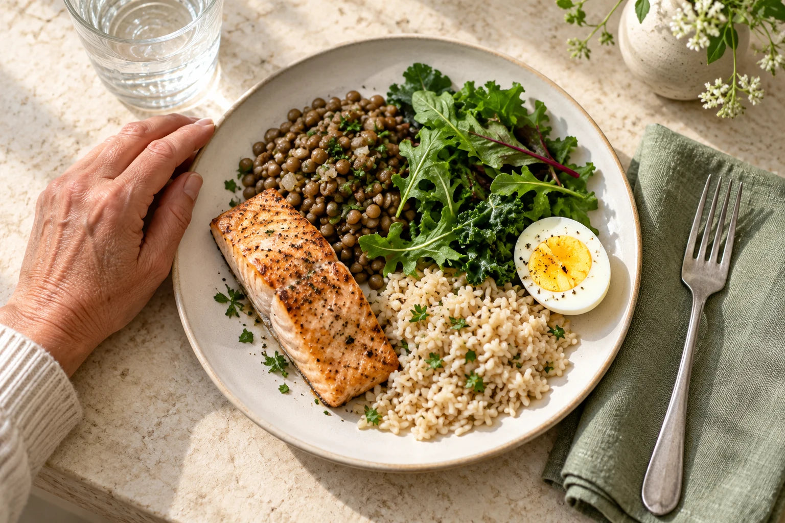 A balanced meal with salmon, lentils, leafy greens, egg and rice