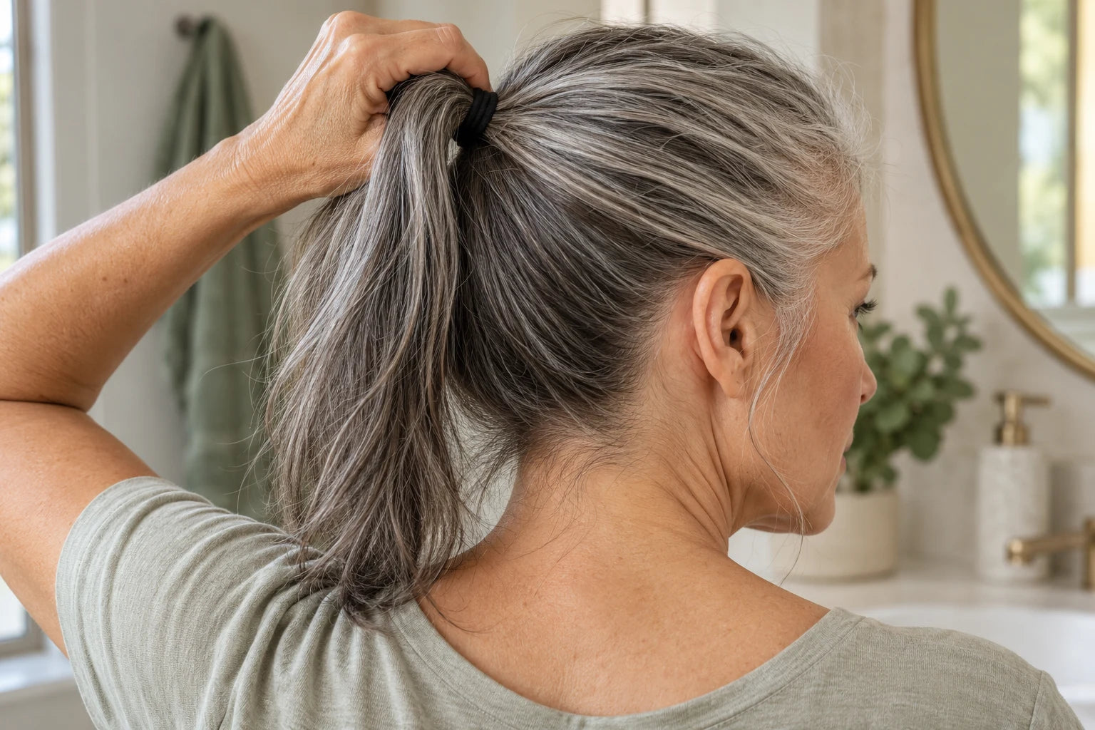 A mature woman gathers silver hair into a tight ponytail