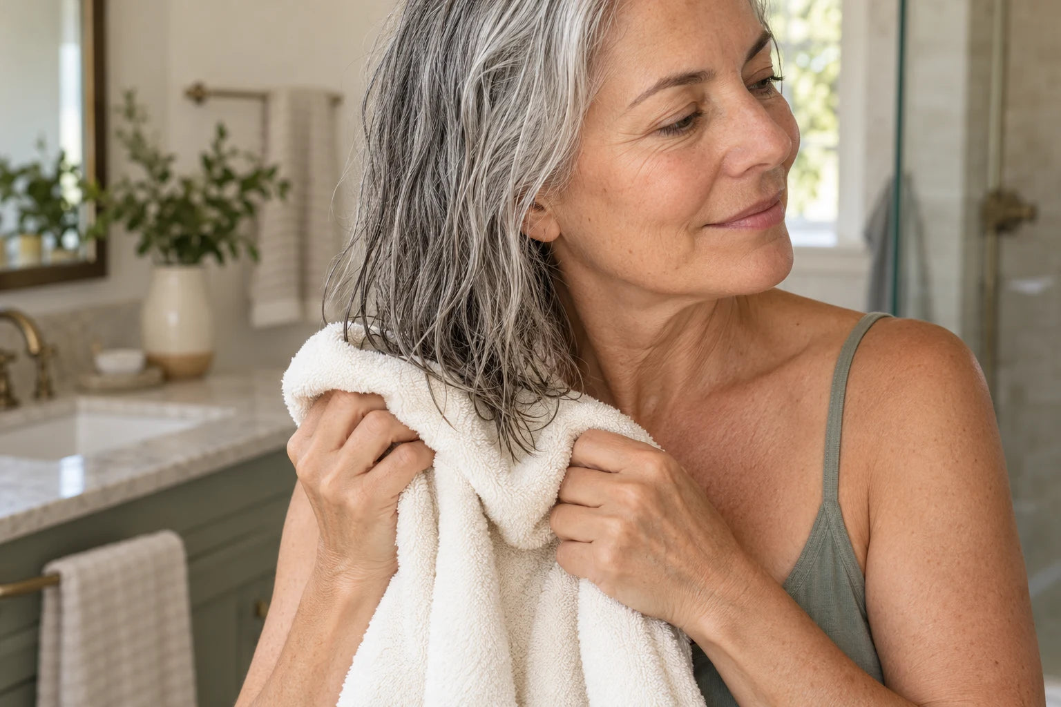 A woman gently blots wet gray hair with a soft cotton towel