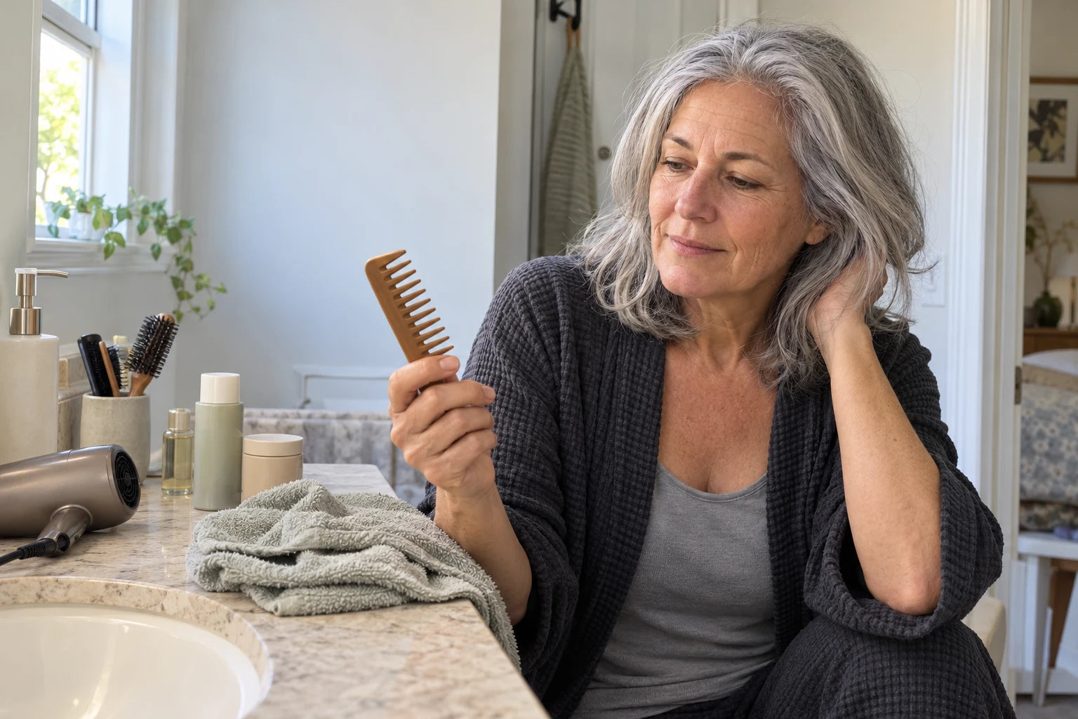 Illustrative silver-haired woman considering her hair-care routine