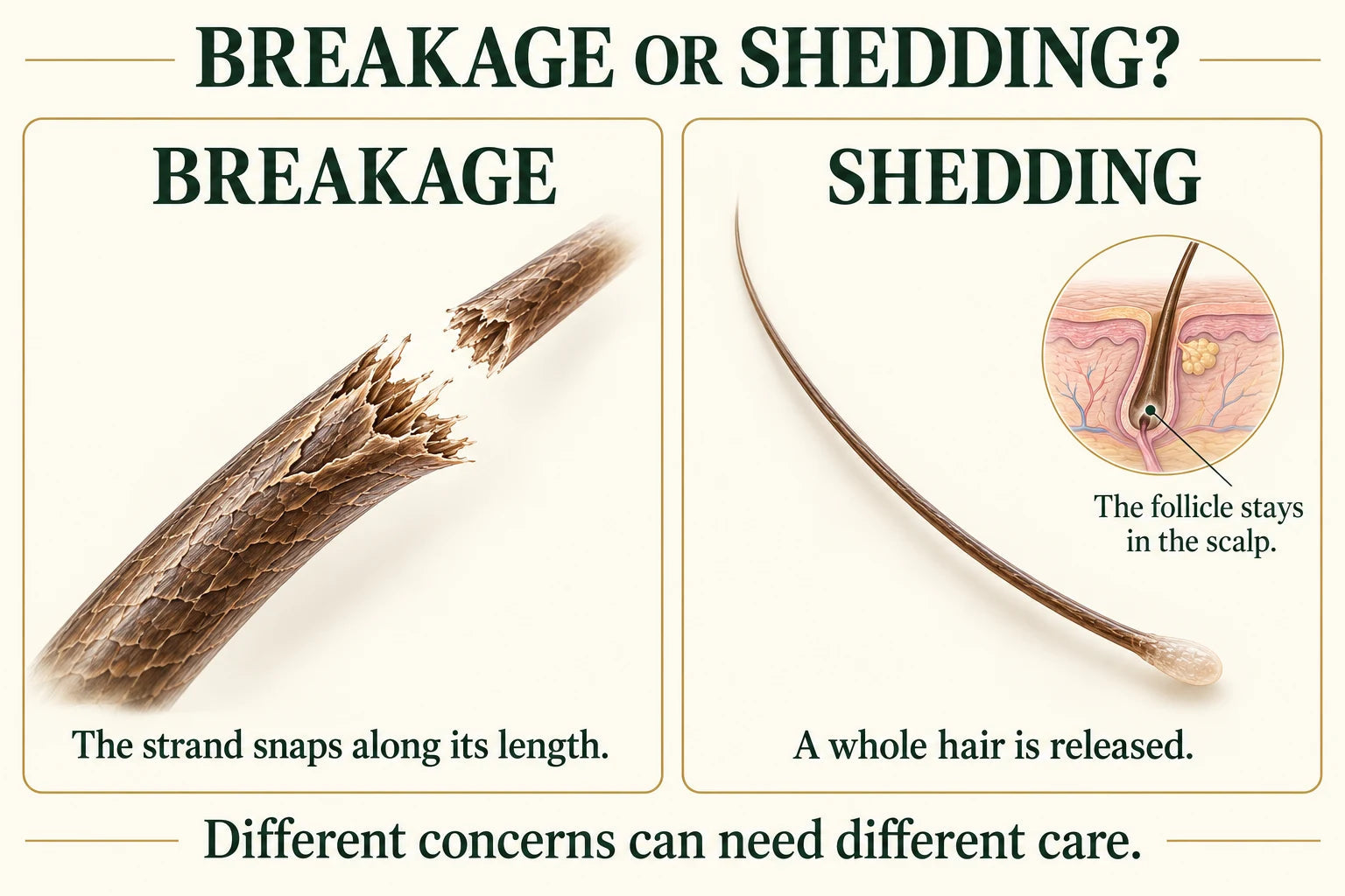Simplified illustration: a broken hair shaft versus a whole shed club hair; the follicle remains in the scalp