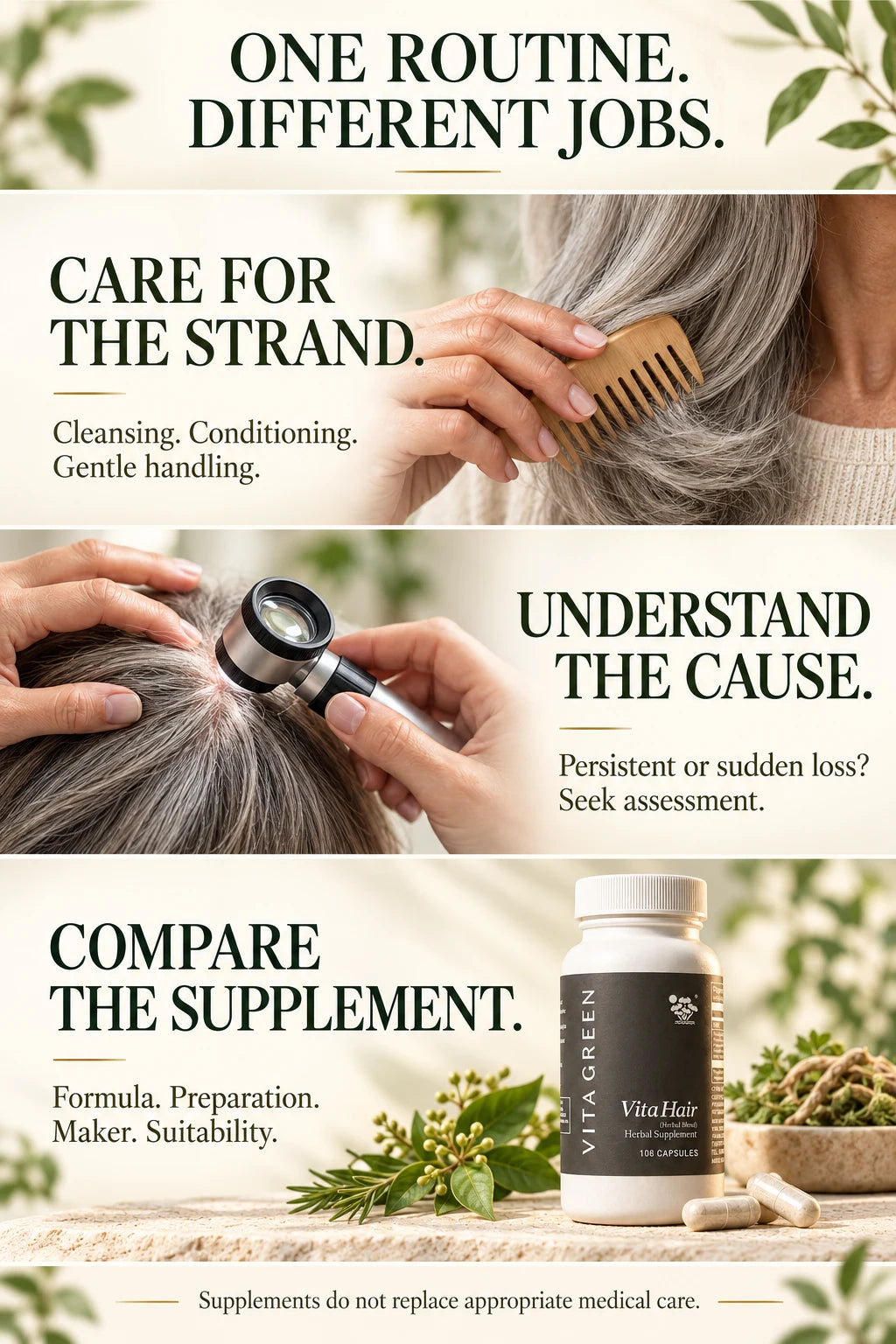 Three decisions: care for the strand; assess persistent or sudden loss; compare a supplement by formula, preparation, maker and suitability