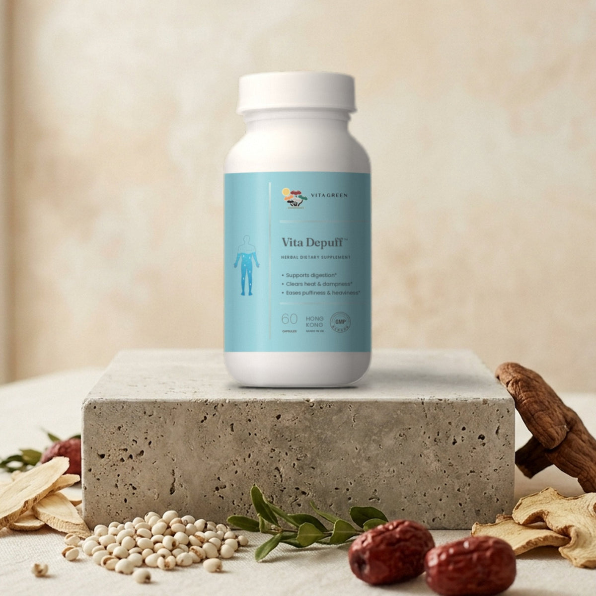 Vita Depuff product bottle with botanicals